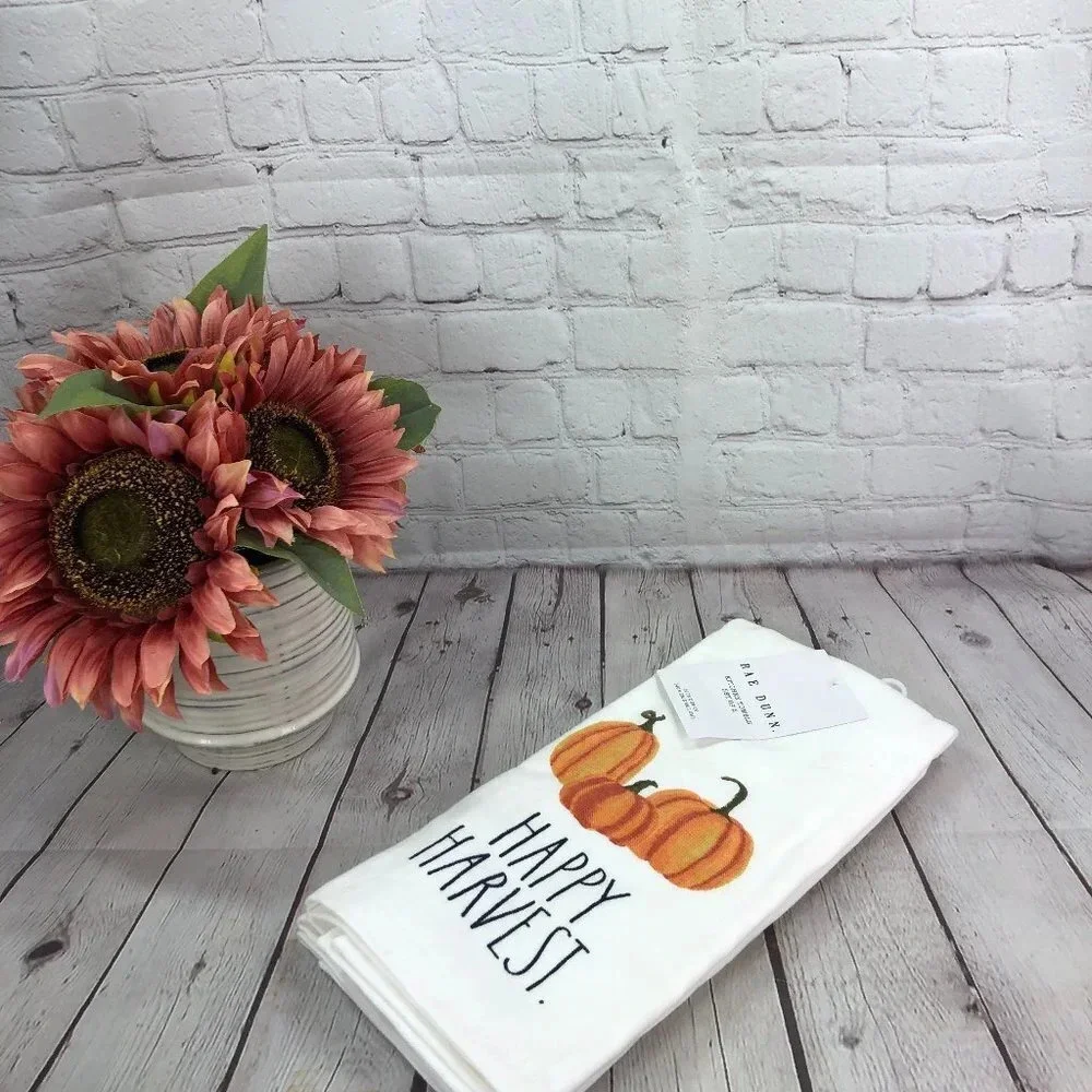 Rae Dunn happy harvest kitchen towels with pumpkins